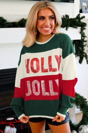 Green Sequined HOLLY JOLLY Color Block Crew Neck Sweater - Image 5
