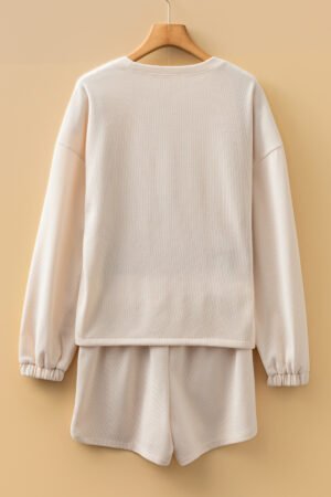 Jet Stream Solid Color Textured Knit Drop Shoulder Pullover Drawstring Shorts Set - Image 5