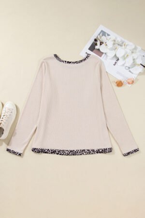 Parchment Ribbed Contrast Leopard Edge Round Neck Plus Knit Top - Image 9