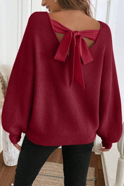 Red Dahlia Ribbed Knit Ribbon Knot Backless Drop Shoulder Sweater