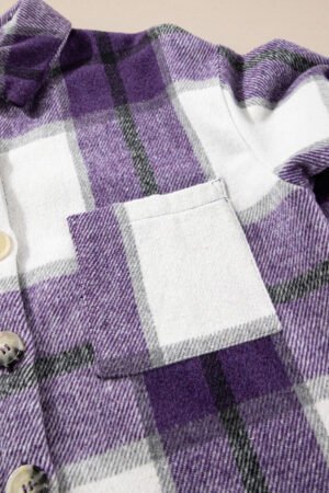 Purple Plaid Color Block Buttoned Long Sleeve Jacket with Pocket - Image 6