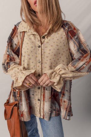 Ashleigh Blue Boho Floral Plaid Patchwork Distressed Detail Ruffled Sleeve Waffle Knit Shacket - Image 4