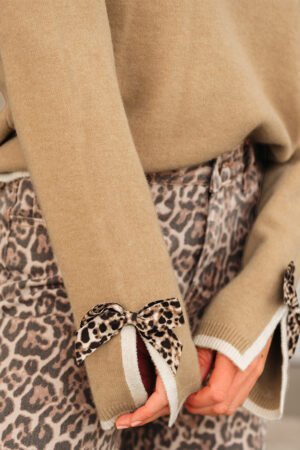 Tan Leopard Bow Decor Split Cuff Contrast Trim Sweater - Image 2