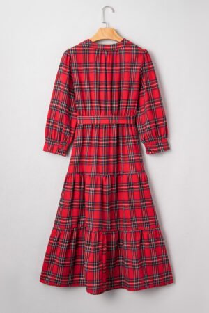 Alternative view of Red Christmas Plaid V Neck 3/4 Sleeve Tie Waist Ruffle Hem Long Dress