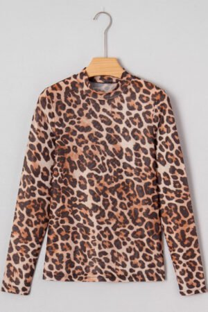 Brown Leopard Mock Neck Long Sleeve Mesh Top - Image 3