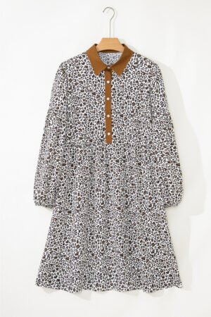 Khaki Plus Size Button V Neck Leopard Print Puff Sleeve Loose Mini Dress - Image 10