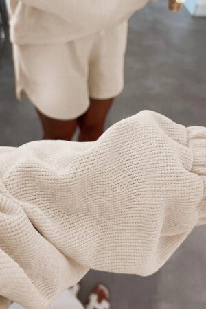Jet Stream Solid Color Textured Knit Drop Shoulder Pullover Drawstring Shorts Set - Image 3