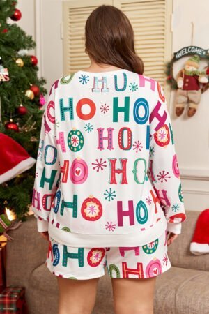White Plus Size Christmas Ho Ho Ho Print Long Sleeve Top and Shorts 2pc Lounge Set - Image 5