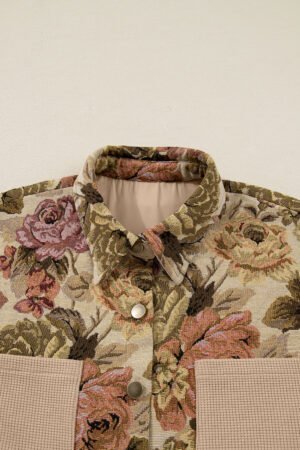 Khaki Floral Waffle Knit Patchwork Chest Pockets Buttoned Jacket - Image 6