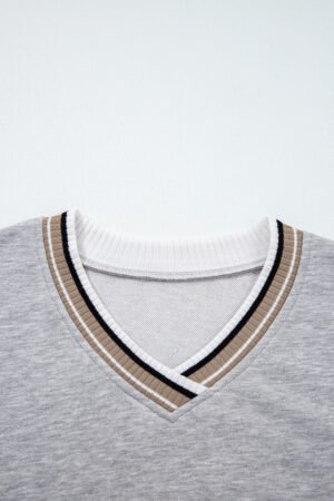 Gray Varsity Contrast Striped Trim V Neck Sweatshirt - Image 7