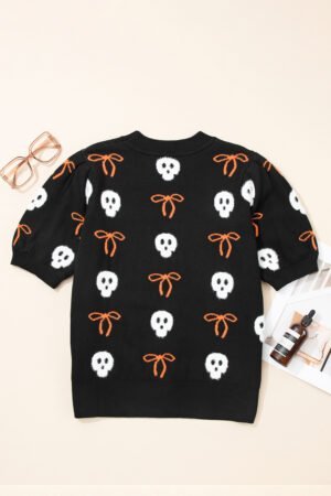 Black Short Puff Sleeve Bow Knot Plush Skeleton Halloween Sweater - Image 5