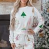 White Stripe Multi Christmas Tree Long Sleeve Top and Shorts 2pcs Lounge Set