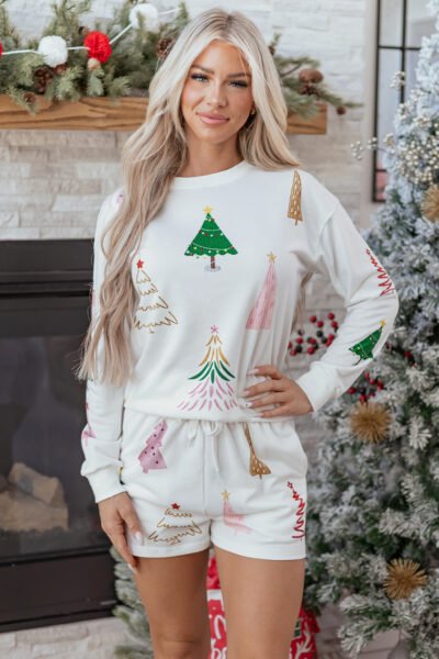White Stripe Multi Christmas Tree Long Sleeve Top and Shorts 2pcs Lounge Set