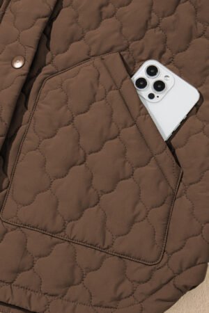 Dark Brown Flower Shape Quilted Snap Button Zip Up Winter Vest - Image 9