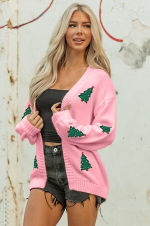 Light Pink Christmas Tree Print Open Front Drop Shoulder Midi Cardigan - Image 4