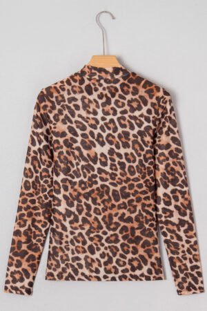 Brown Leopard Mock Neck Long Sleeve Mesh Top - Image 4
