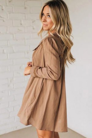 Straw Yellow Lace Trim Peter Pan Collar Long Sleeve Mini Shirt Dress - Image 3