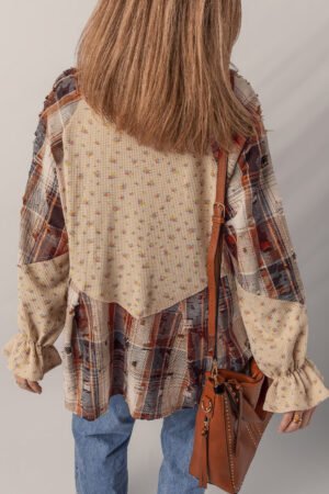 Alternative view of Ashleigh Blue Boho Floral Plaid Patchwork Distressed Detail Ruffled Sleeve Waffle Knit Shacket