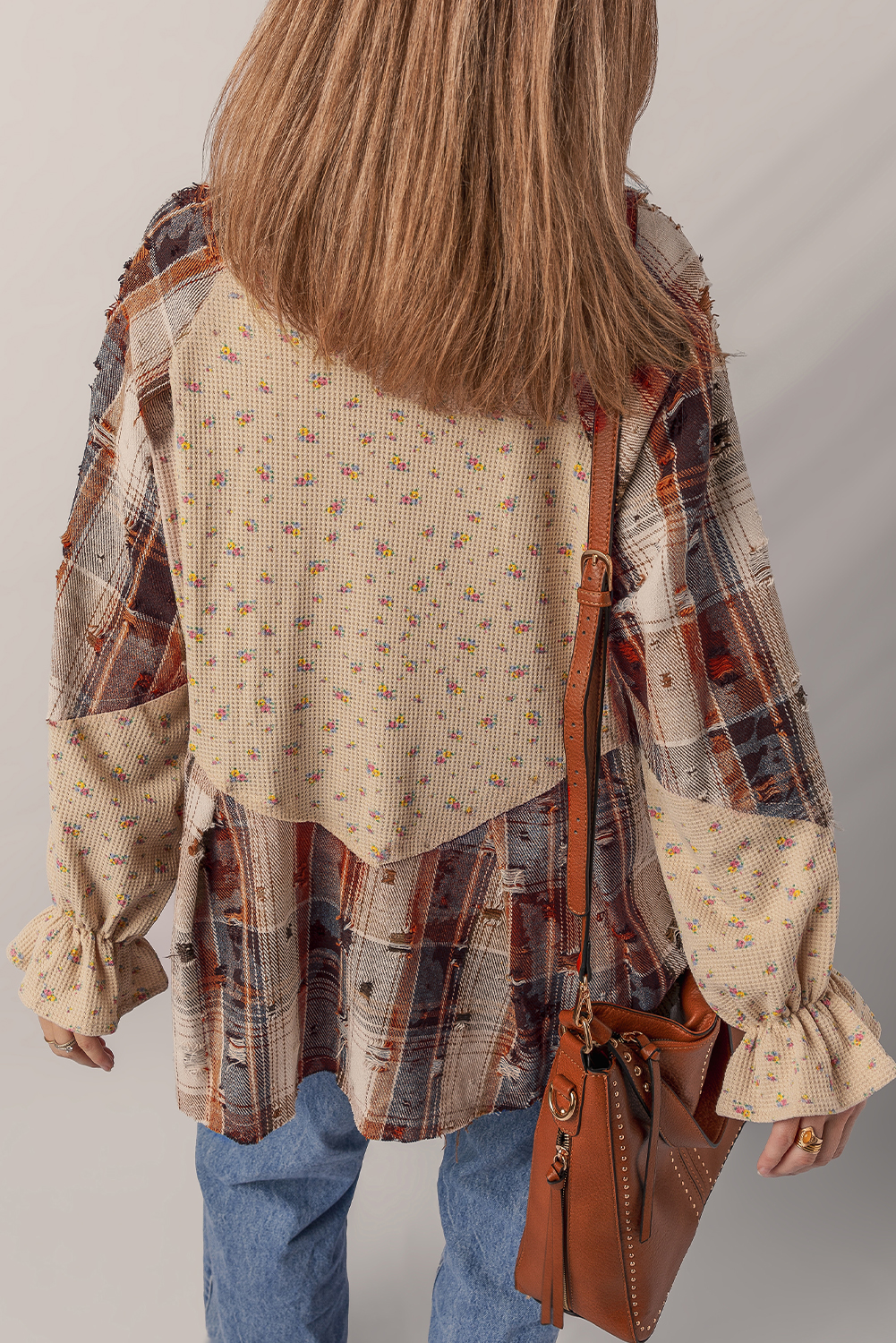 Ashleigh Blue Boho Floral Plaid Patchwork Distressed Detail Ruffled Sleeve Waffle Knit Shacket Ashleigh Blue Boho Floral Plaid Patchwork Distressed Detail Ruffled Sleeve Waffle Knit Shacket