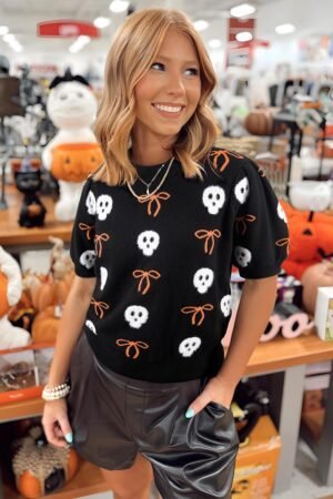 Black Short Puff Sleeve Bow Knot Plush Skeleton Halloween Sweater - Image 2