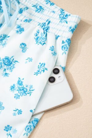 Sky Blue Floral Striped Print Contrast Patched Pocket Shirt and Shorts Set - Image 7