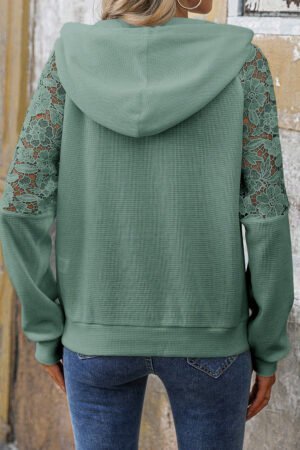 Smoke Green Lace Patchwork Raglan Sleeve Kangaroo Pocket Waffle Hoodie - Image 2