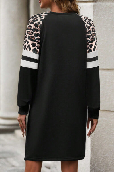 Black Leopard Print Patchwork Varsity Raglan Sleeve Sweatshirt Dress