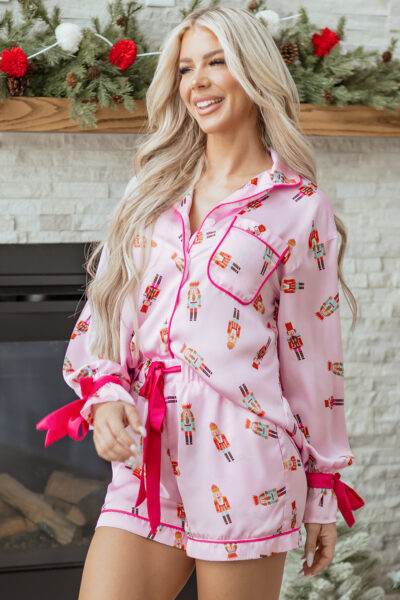 Pink Nutcracker Print Contrast Trim Tied up Bow Silky 2pcs Pajama Set
