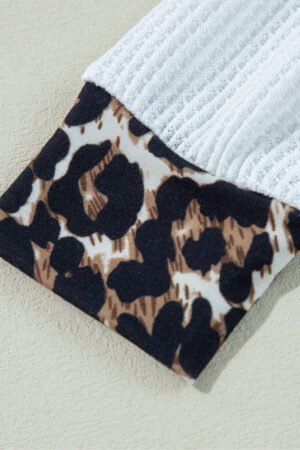 White Leopard Waffle Knit Patchwork Button V Neck Top - Image 7