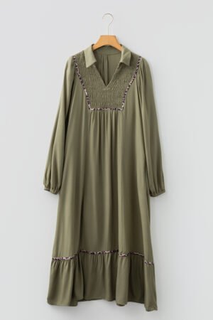 Four Leaf Clover Collared V Neck Smocked Detail Contrast Leopard Trim Bracelet Sleeve Long Dress - Image 4