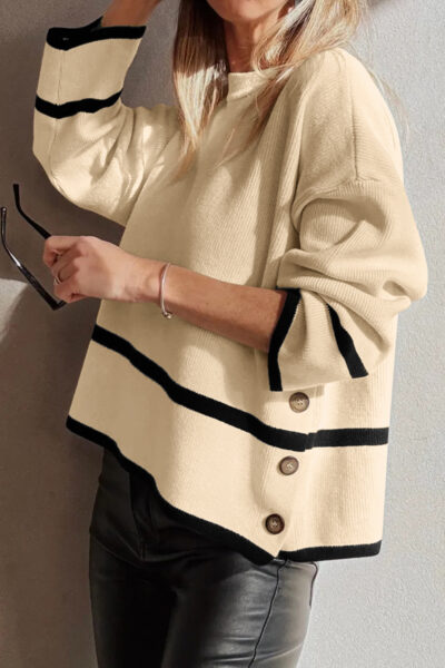 Beige Ribbed Knit Contrasted Stripe Detail Button Side Loose Sweater