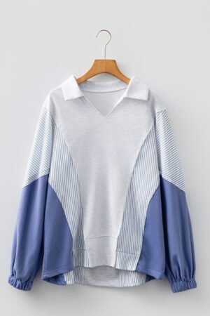 Light Grey Oversized Striped Colorblock Dolman Sleeve Collared Casual Top - Image 4