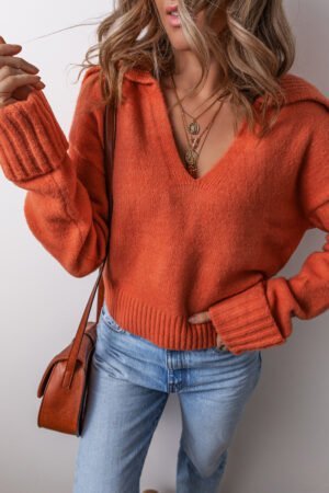 Flamingo Collared V Neck Ribbed Edge Sexy Elegant Sweater - Image 4
