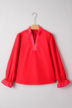 Fiery Red Striped Trim Ruffle Split Neck Long Sleeve Blouse - Image 3