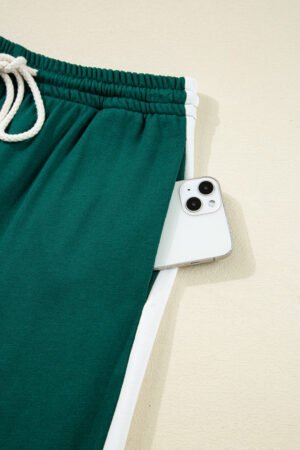 Sea Green Solid Color Pullover Top Varsity Stripe Detail Loose Drawstring Pants Set - Image 7