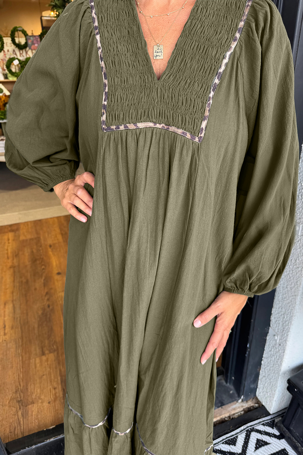 Four Leaf Clover Collared V Neck Smocked Detail Contrast Leopard Trim Bracelet Sleeve Long Dress Four Leaf Clover Collared V Neck Smocked Detail Contrast Leopard Trim Bracelet Sleeve Long Dress
