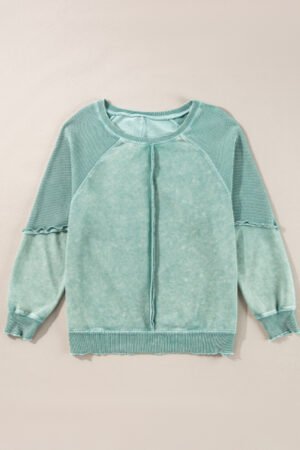 Mineral Blue Solid Waffle Knit Patchwork Raglan Sleeve Sweatshirt - Image 3