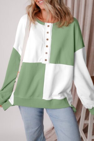 Grass Green Colorblock Henley High Low Oversize Sweatshirt - Image 5
