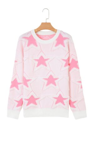 Sachet Pink Oversized Cute Star Pattern Ribbed Edge Drop Shoulder Sweater - Image 18