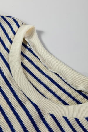 Blue Stripe Textured Elbow Patched Crew Neck Drop Shoulder Sweatshirt - Image 10