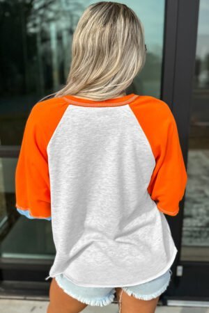 Light Grey Thanksgiving Turkey Sequin Graphic Color Block Long Raglan Sleeve Top - Image 2