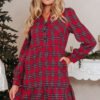 Red Plaid Shirt Collar Half Button Ruffle Hem Long Sleeve Mini Dress