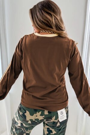 Dark Brown Varsity Striped Accent Contrast Crew Neck Long Sleeve T Shirt - Image 2