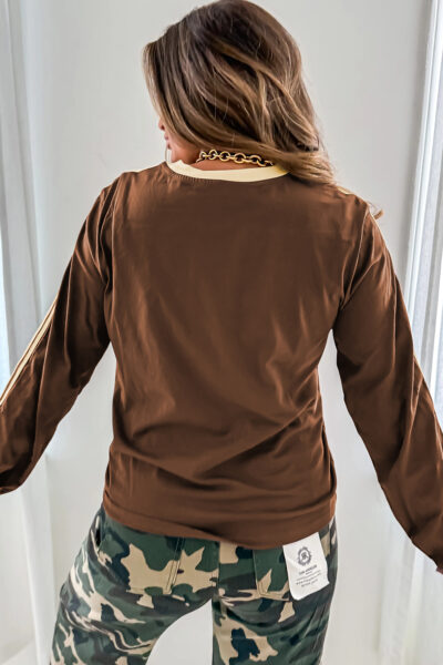Dark Brown Varsity Striped Accent Contrast Crew Neck Long Sleeve T Shirt