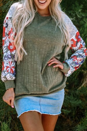 Laurel Green Floral Patchwork Long Sleeve Ribbed Blouse - Image 9