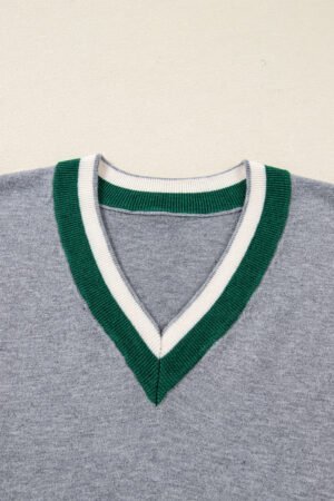 Gray Contrast Striped Trim V Neck Varsity Sweater - Image 8