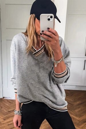 Gray Varsity Contrast Striped Trim V Neck Sweatshirt - Image 4