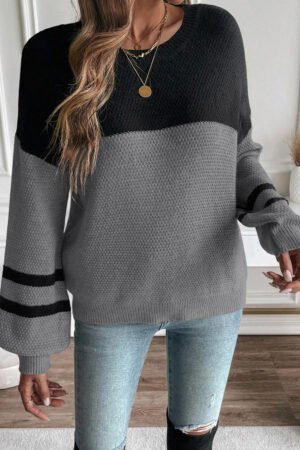 Medium Grey Color Block Knit Striped Sleeve Detail Casual Sweater - Image 7