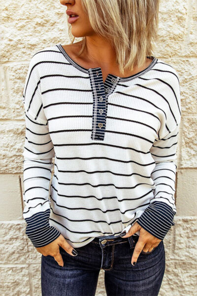 Striped Color Block Buttoned Waffle Knit Shirt