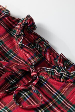 Red Festive Plaid Pearl Embellished Ruffle Short Sleeve Blouse - Image 6